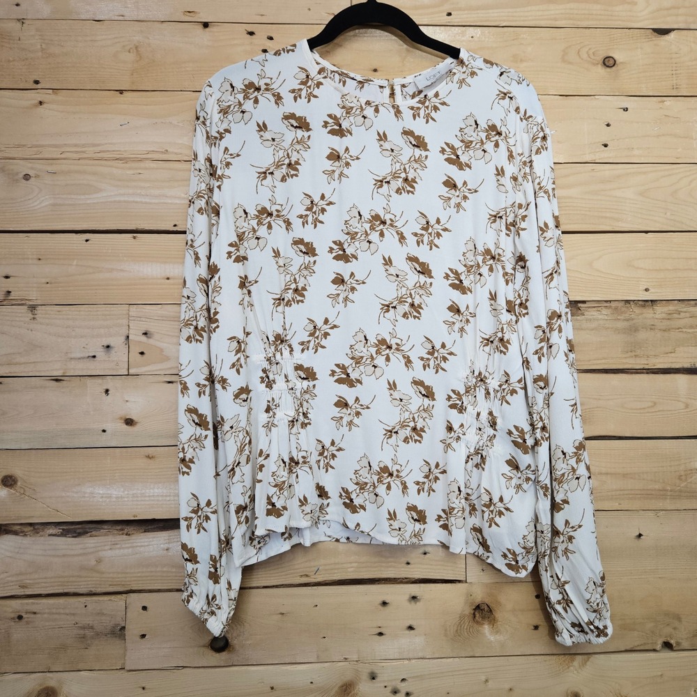 LOFT Outlet Brown Floral Waist Blouse Off-White Long Sleeve L